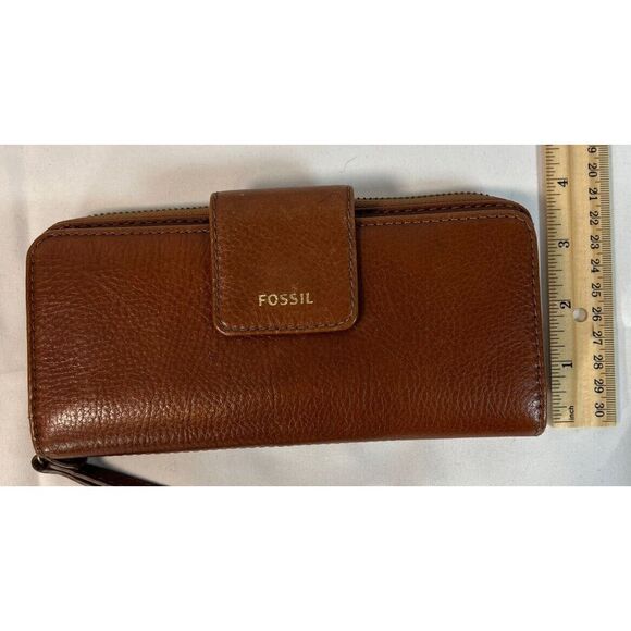 Fossil Madison Bifold Zip Brown Leather‎ Clutch Wallet with Wrist Strap~EUC - Picture 4 of 6
